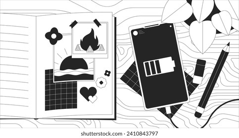 Travel journal near smartphone charging black and white lofi wallpaper. Diary memories tabletop wooden 2D outline cartoon flat illustration. Dreamy vibes vector line lo fi aesthetic background