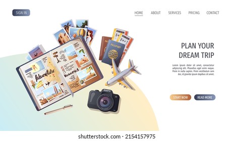 Travel journal, passports and tickets, camera and airplane. Travel, tourism, adventure, journey concept. Vector illustration, website template.