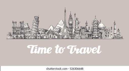 Travel, journey. Around the world, Sights of countries. Banner, vector illustration