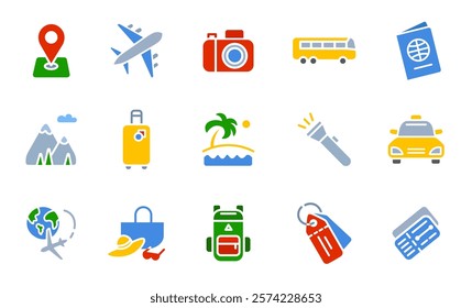 Travel journey color icon set. Plane flying around the world sign . Beach and mountain vacation symbol. Bus and taxi transport pictogram. Passport and tickets illustration.