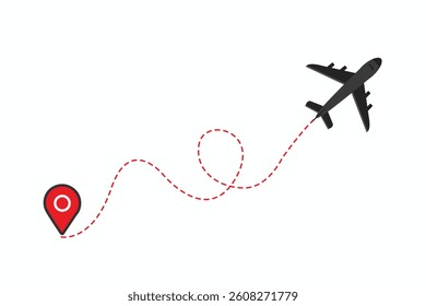 Travel, journey concept, Air plane with traffic line and navigation marker. Plane flying from starting point with dashed line.