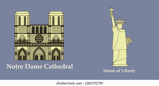 Travel, journey concept. Famous monuments of world countries. Vector illustration