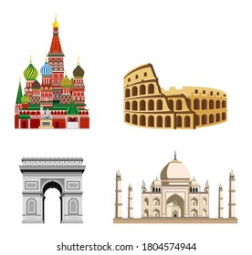 Travel, journey concept. Famous monuments of world countries. Colosseum, arc de triomphe, red square, blue mosque