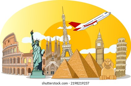 Travel, journey concept. Famous monuments of world countries. vector illustration