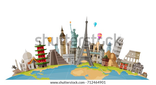 Travel, journey concept. Famous monuments of\
world countries. Vector\
illustration