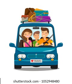 Travel, journey concept. Happy family rides in minivan. Cartoon vector illustration