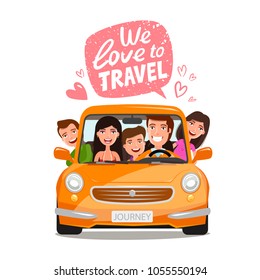 Travel, journey concept. Happy family traveling by car. Cartoon vector illustration