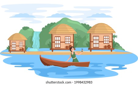 Travel and journey. Female character in vacation on natural landscape takes selfie in boat on river near Asian village old house. Thatched-roof rural hut, traditional house in Korean people settlement