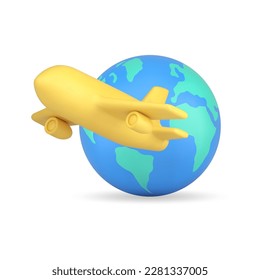 Travel journey global international flying world tour tourism airplane transportation 3d icon realistic vector illustration. Holiday vacation plane flight Earth discovery planet worldwide location