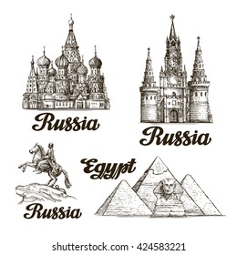 Travel, journey. Hand drawn sketch Russia, Egypt. Famous buildings of the world. Vector illustration