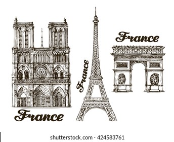 Travel, journey. Hand drawn sketch France. Famous buildings of the world. Vector illustration