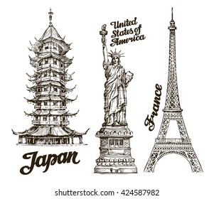 Travel, journey. Hand drawn sketch Japan, USA, France. Famous buildings of the world. Vector illustration