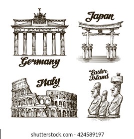 Travel, journey. Hand drawn sketch Germany, Japan, Italy, Easter island. Famous buildings of the world. Vector illustration