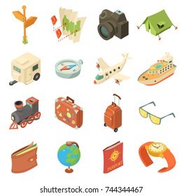 Travel journey icons set. Isometric illustration of 16 travel journey vector icons for web