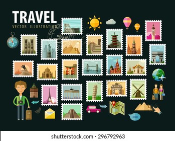 Travel, journey. Icons set. Postage stamps depicting historical architecture in the world. Vector illustration