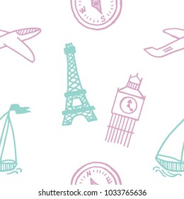 Travel, journey theme. Seamless pattern. Vector illustration. Colorful background