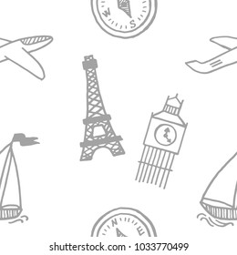 Travel, journey theme. Seamless pattern. Vector illustration. Background
