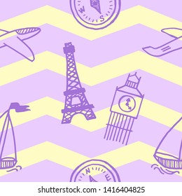 Travel, journey theme. Seamless pattern. Summer vacation. Vector illustration. Colorful background. Texture.	