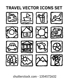 Travel journey tour trip voyage sea rest black and white icons set