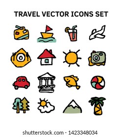 Travel journey tour trip voyage sea rest vector icons set.