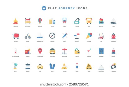 Travel and journey, tourism activity and summer adventure of tourist, camping color icon set. Photography of ancient ruins and transport for cruise, backpack flat elements vector illustration