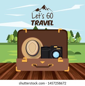 travel journey and tourism with panama hat, photographic camera into a briefcase over a wooden floor with a rural landscape and lets go travel sign vector illustration graphic design