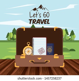 travel journey and tourism with passport, diary and compass into a briefcase over a wooden floor with a rural landscape and lets go travel sign vector illustration graphic design