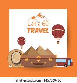 travel journey and tourism places with hot air balloon, panama hat, suitcase and egyptian pyramid icon cartoon vector illustration graphic design