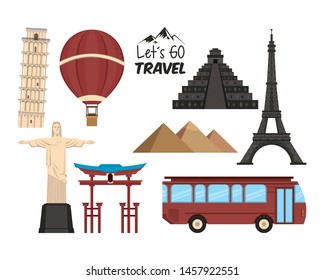 Travel Journey And Tourism Places With Hot Air Balloon, Eiffel Tower, Japanese Gate, Tikal Temple, Egyptian Pyramid, Tower Of Pisa And English Bus With Lets Go Travel Sign Icon Cartoon Vector