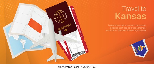 Travel to Kansas pop-under banner. Trip banner with passport, tickets, airplane, boarding pass, map and flag of Kansas. Vector template.
