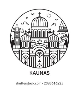 Travel Kaunas icon inspired by church of St. Michael Archangel, City Hall and other city landmarks and tourist symbols. Thin line Lithuania town circle emblem with historic architectural monuments.