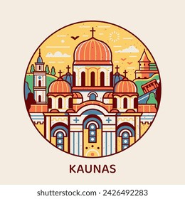 Travel Kaunas icon inspired by church of St. Michael Archangel, City Hall and other city landmarks and tourist symbols. Thin line Lithuania town circle emblem with historic architectural monuments.