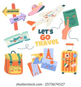 Travel kawaii elements hand drawn with lettering