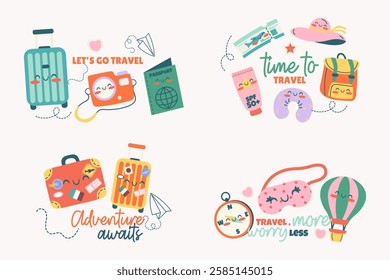 Travel kawaii set of badge, label design with lettering