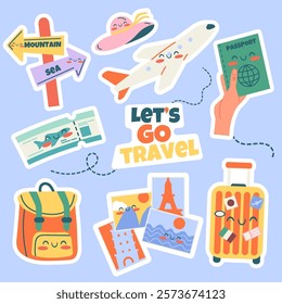 Travel kawaii stickers elements hand drawn with lettering