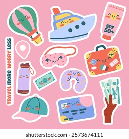 Travel kawaii stickers hand drawn elements flat style