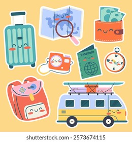 Travel kawaii stickers  hand drawn elements