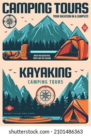 Travel and kayaking sport retro posters. Camping and hiking tours, campsite banners with mountain range peaks, pine forest and river. Camping equipment shop poster with kayak, tent and backpack