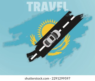 Travel to Kazakhstan by car, going holiday idea, vacation and travel banner concept, car on the road with Kazakhstan flag, international car travel, automobile going on a way, top view