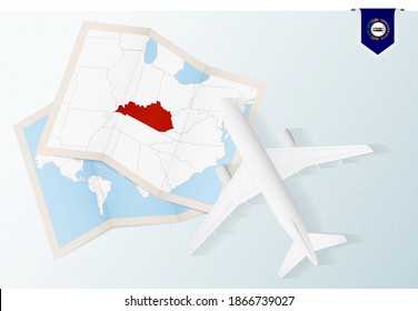 Travel to Kentucky, top view airplane with map and flag of Kentucky. Travel and tourism banner design.