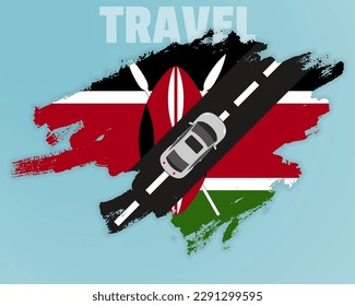 Travel to Kenya by car, going holiday idea, vacation and travel banner concept, car on the road with Kenya flag, international car travel, automobile going on a way, top view