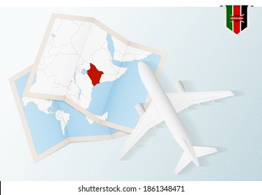 Travel to Kenya, top view airplane with map and flag of Kenya. Travel and tourism banner design.