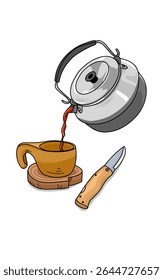 Travel kettle pours tea in wooden cup and knife. Outdoor camp Drink