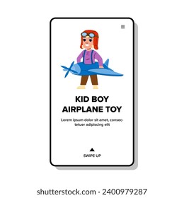 travel kid boy airplane toy vector. dream aviator, concept joy, game glasses travel kid boy airplane toy web flat cartoon illustration