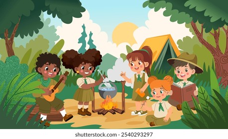 Travel kids with backpacks. Camping adventure. Children in forest. Child outdoor recreation. Boy and girl scout. Hiking journey. Tent and bonfire. Young tourists cooking at campfire. Vector background