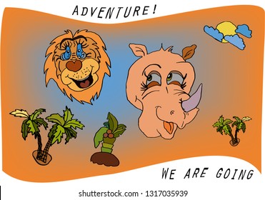 Travel kids cartoon with a lion, rhino and palm trees with the sun