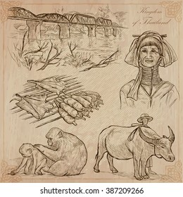 Travel - Kingdom of THAILAND. Pictures of Life. Hand drawn vector pack, freehand sketching. Editable in layers and groups. Background is isolated. All things are named inside the vector file.