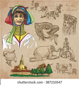 Travel - Kingdom of THAILAND. Pictures of Life. Hand drawn vector pack, freehand sketching. Editable in layers and groups. Background is isolated. All things are named inside the vector file.