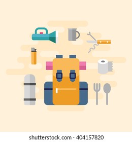 Travel Kit with Backpack and Camping Stuff. Vector Illustration in Flat Design Style
