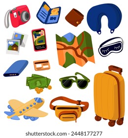 Travel kit. A bag and of accessories for tourists. Set of things for traveling and relaxing on the beach. Suitcase, backpack, clothes, cosmetics, shoes, passport. Flat vector illustration isolated